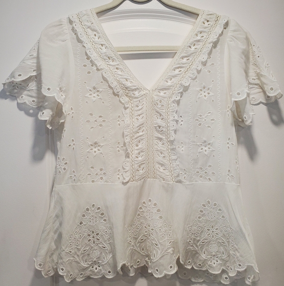 Johnny Was Jade Elizabeth white cotton embroidered eyelet peplum top S NWT - Picture 6 of 13